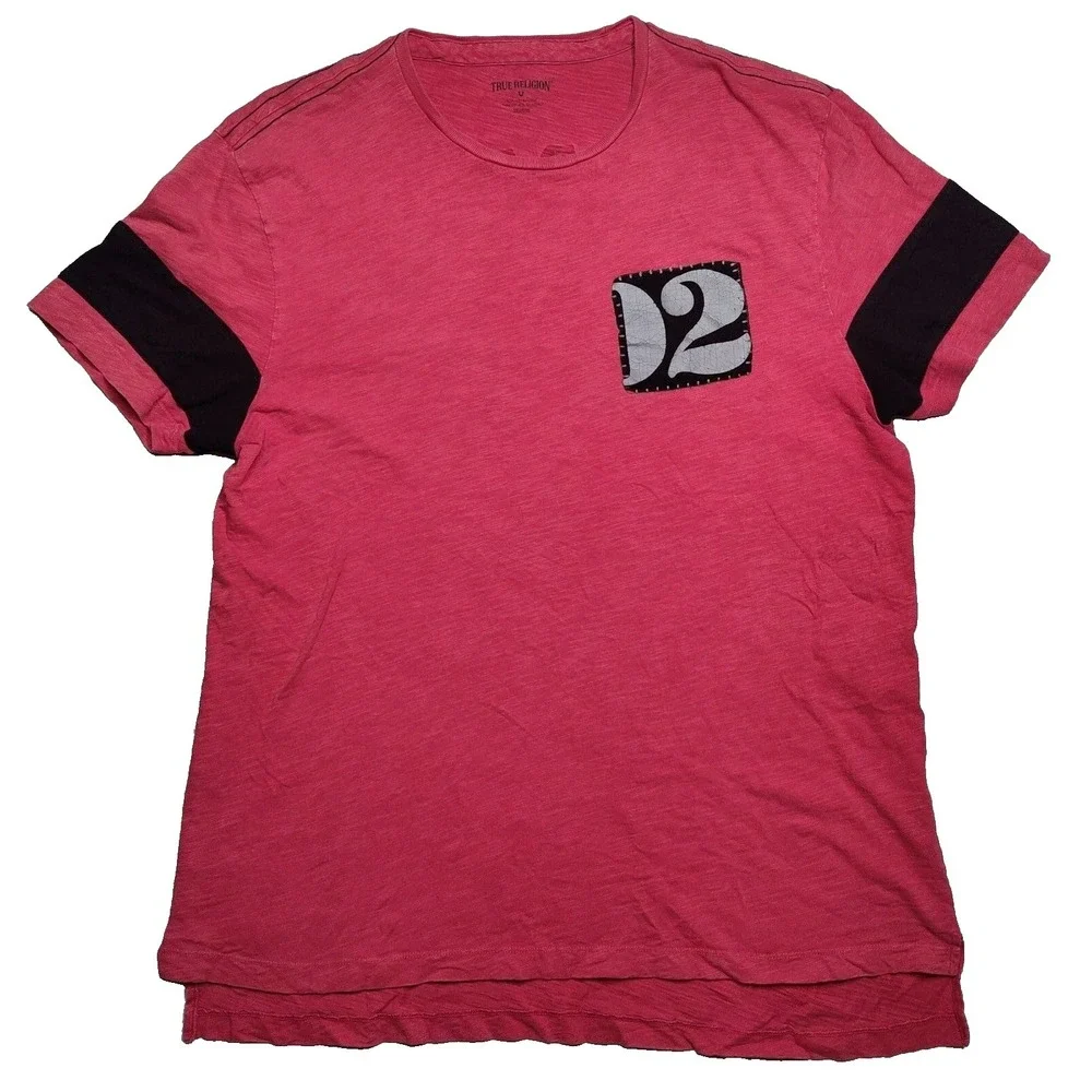 True Religion Men 3XL Red Double Sided Distressed '02 Logo Cotton‎ T-Shirt